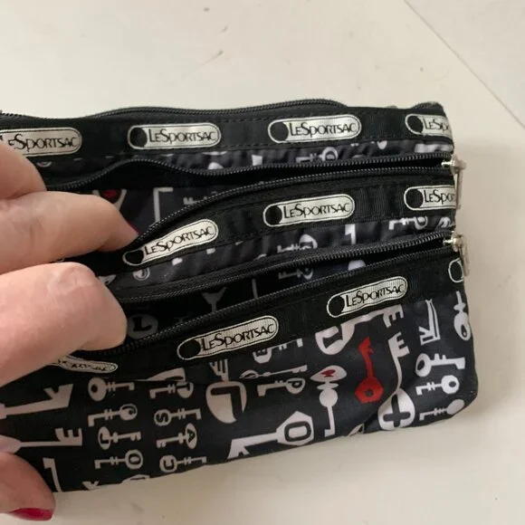 LESPORTSAC 2 SMALL BAGS POUCHES COSMETIC BAGS BLACK KEY PATTERN - Picture 3 of 10